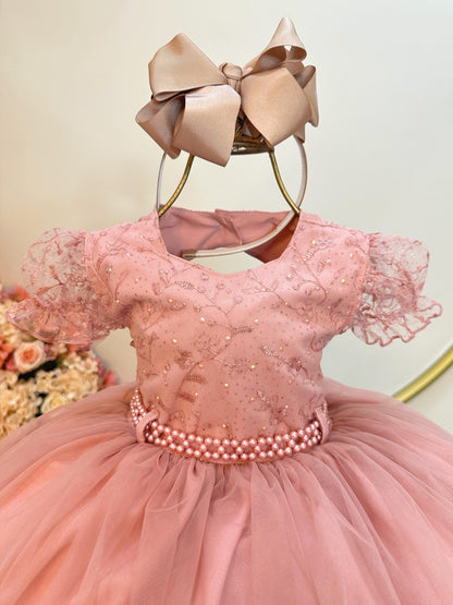 Vestido infantil con busto de rosa, encaje y pedrería para niñas de flores