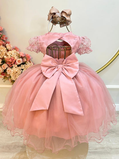 Vestido infantil con busto de rosa, encaje y pedrería para niñas de flores