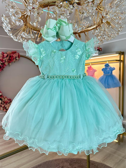 Vestido Infantil Verde con Busto, Encaje y Pedrería para Bautismos