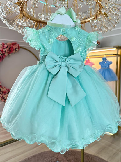 Vestido Infantil Verde con Busto, Encaje y Pedrería para Bautismos