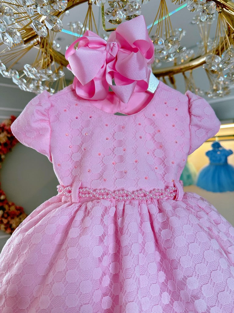 Vestido Infantil Rosa Claro Busto Com Strass Babados Batizado