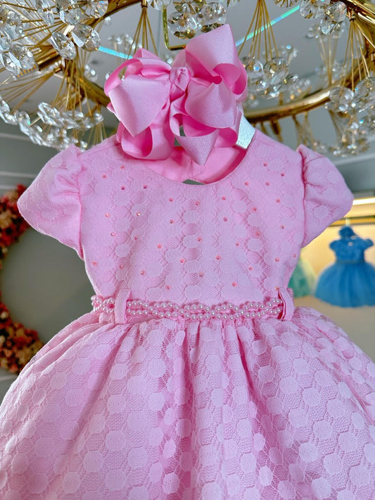 Vestido Infantil Rosa Claro Busto Com Strass Babados Batizado