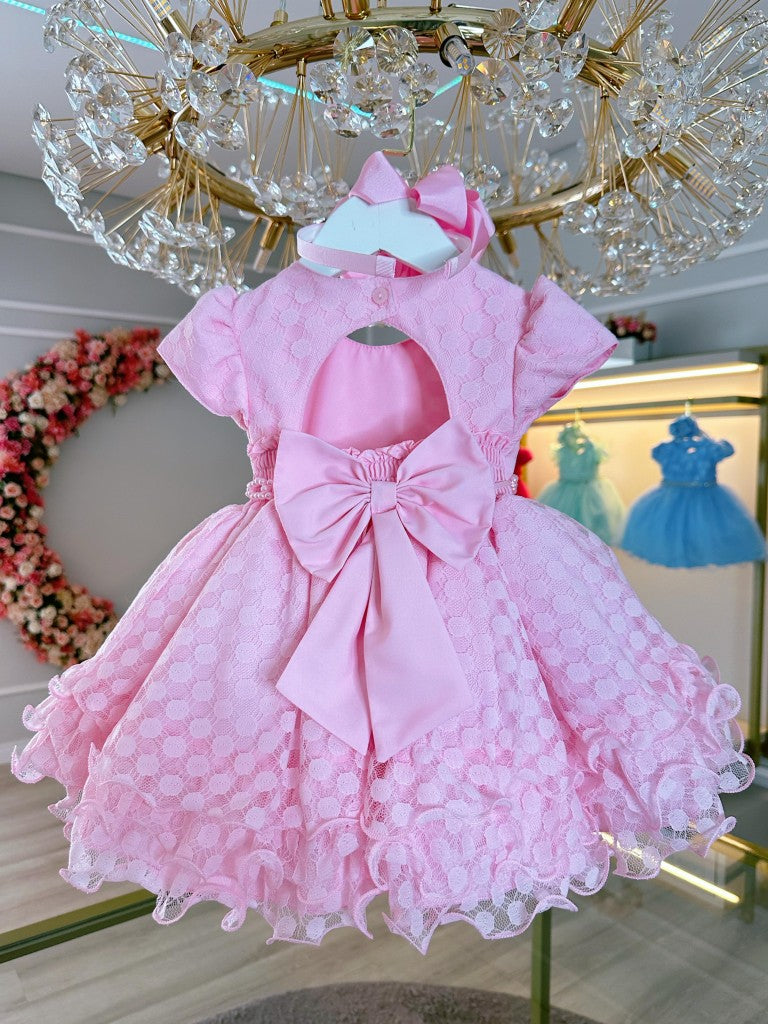 Vestido Infantil Rosa Claro Busto Com Strass Babados Batizado