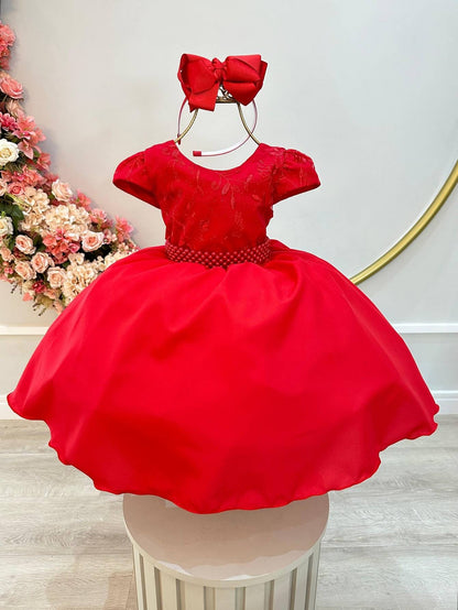Vestido infantil rojo con busto y encaje para fiestas de damas de honor