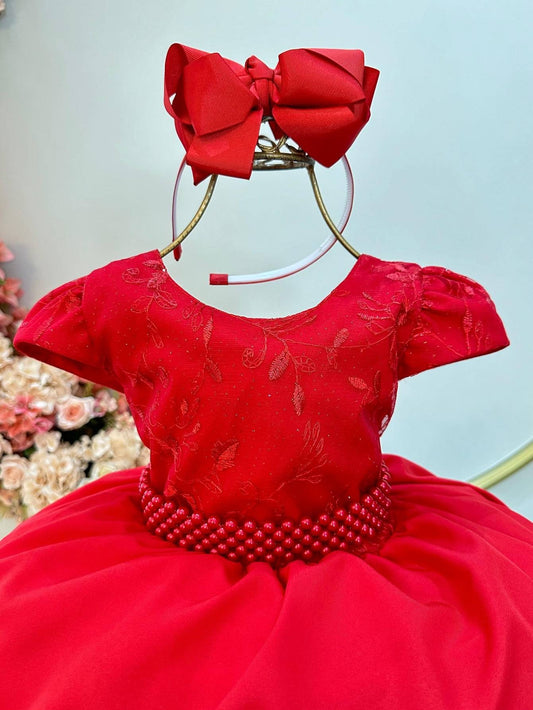 Vestido infantil rojo con busto y encaje para fiestas de damas de honor