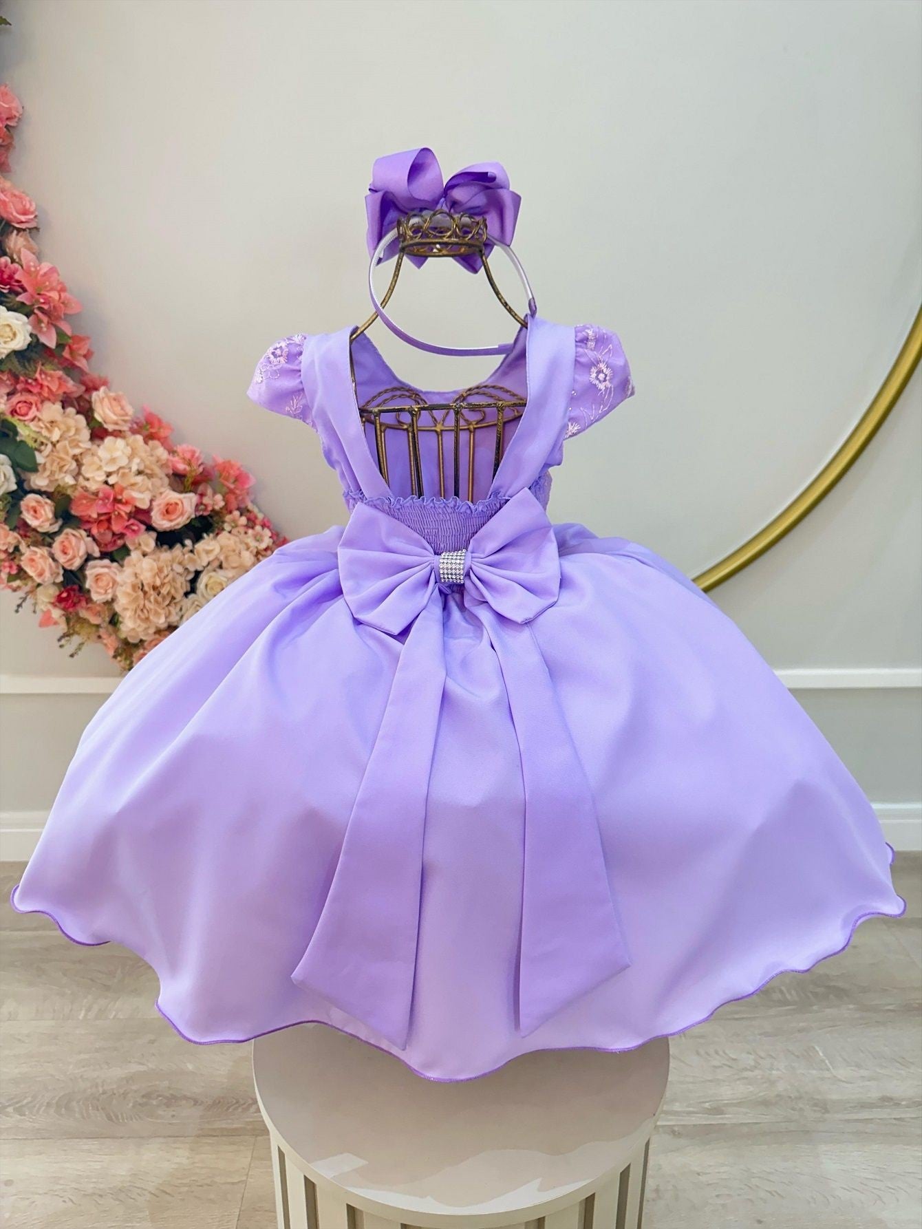 Vestido infantil lila con busto y encaje para fiestas de damas de honor de lujo