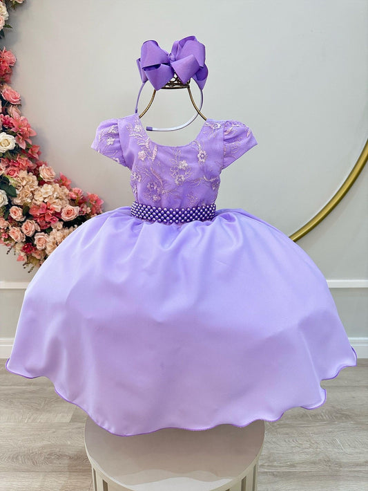 Vestido infantil lila con busto y encaje para fiestas de damas de honor de lujo