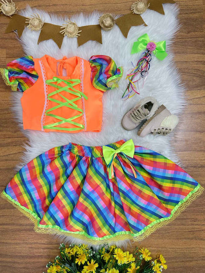 Conjunto Junino corto naranja para niña con minifalda colorida