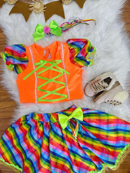Conjunto Junino corto naranja para niña con minifalda colorida