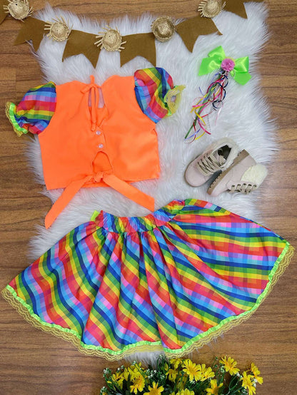 Conjunto Junino corto naranja para niña con minifalda colorida