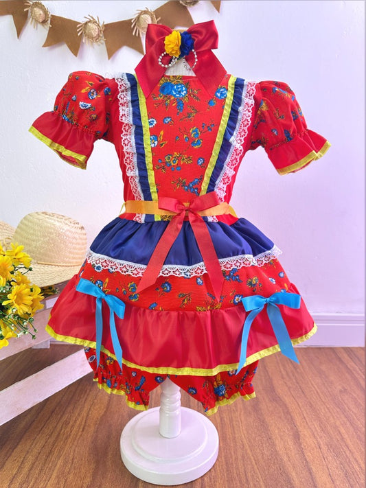 Disfraz infantil rojo de junio con flores de colores 