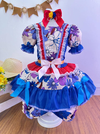 Disfraz infantil de junio con flores de colores azules y rojas 