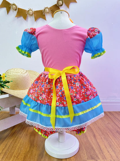 Vestido infantil de junio rosa y azul con flores de colores 
