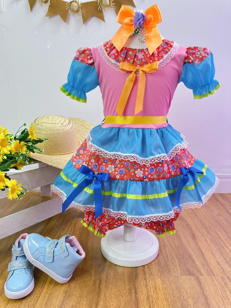 Vestido infantil de junio rosa y azul con flores de colores 