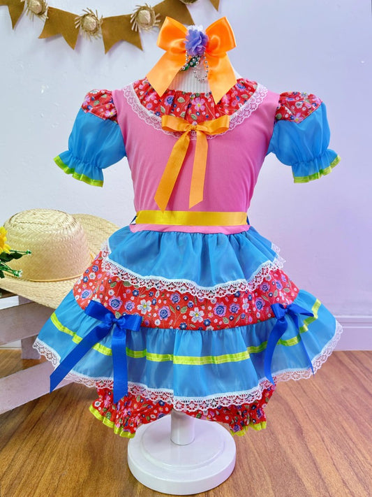 Vestido infantil de junio rosa y azul con flores de colores 