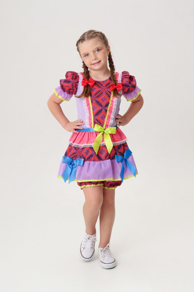 Vestido infantil de junio rojo y lila con flores de colores 