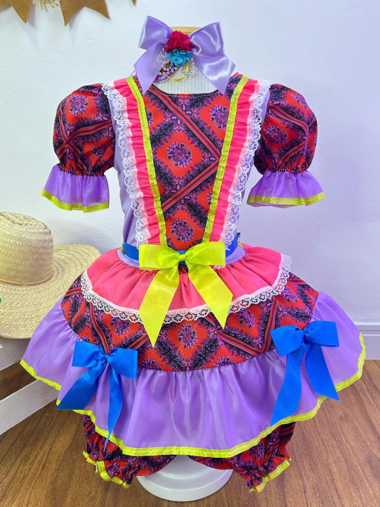 Vestido infantil de junio rojo y lila con flores de colores 