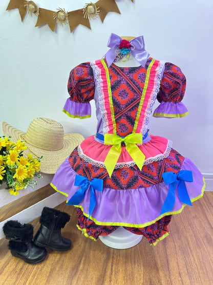 Vestido infantil de junio rojo y lila con flores de colores 