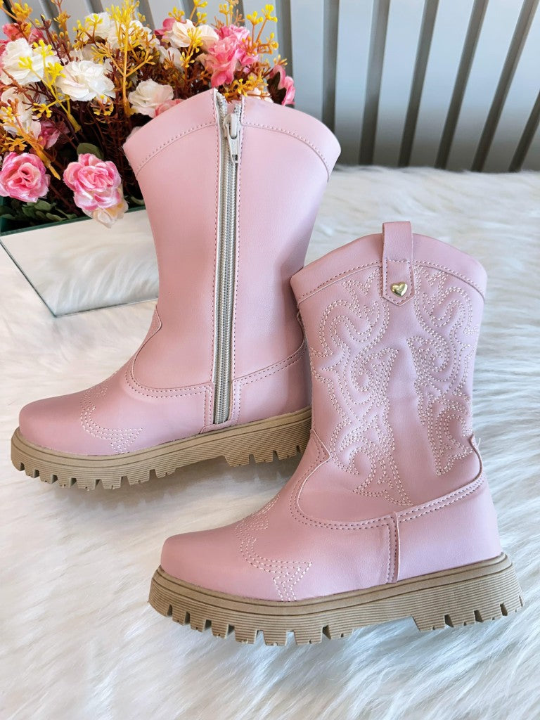 Botas vaqueras tejanas rosa claro para niños con cremallera de lujo 