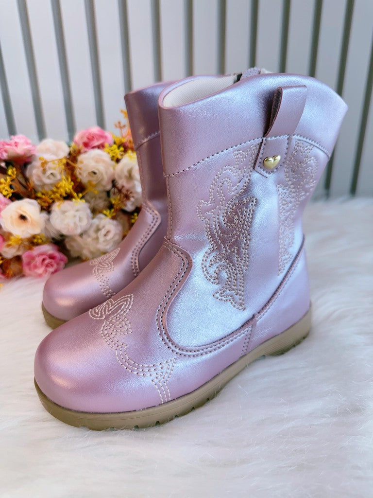 Botas vaqueras para niños en color rosa metalizado con cremallera de lujo 