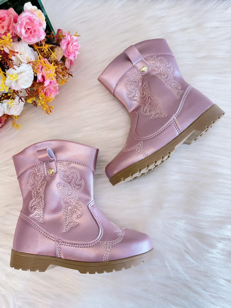 Botas vaqueras para niños en color rosa metalizado con cremallera de lujo 