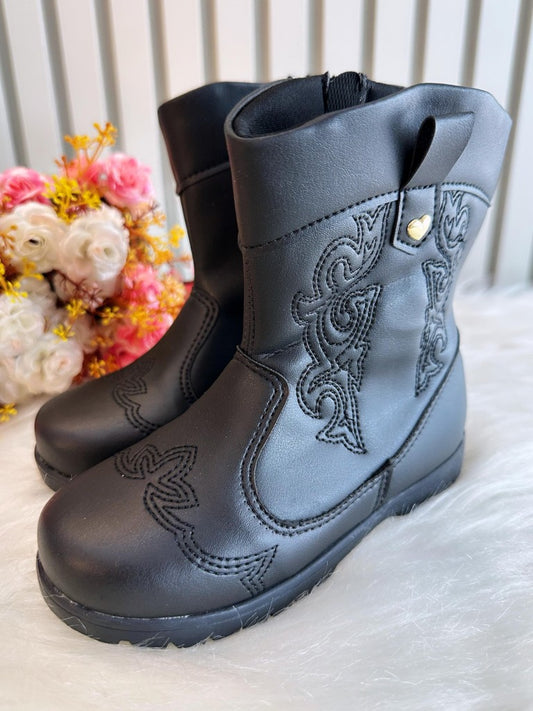 Botas Boiadeira Texanas Negras para Niños con Cremallera de Lujo 