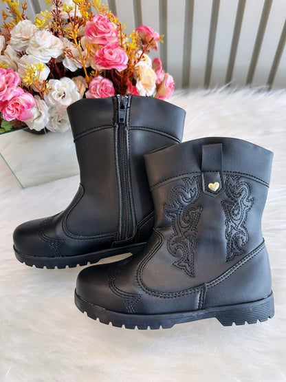 Botas Boiadeira Texanas Negras para Niños con Cremallera de Lujo 