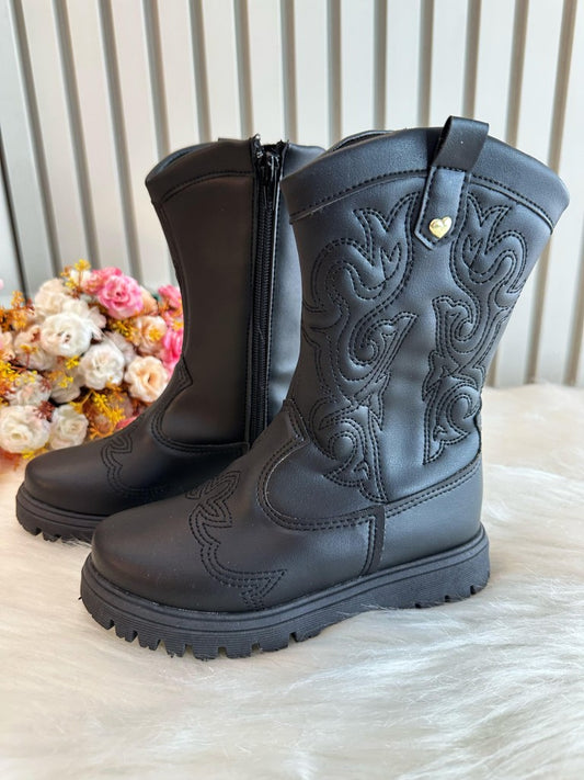 Botas Boiadeira Texanas Negras para Niños con Cremallera de Lujo 