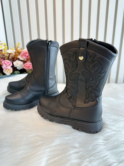 Botas Boiadeira Texanas Negras para Niños con Cremallera de Lujo 