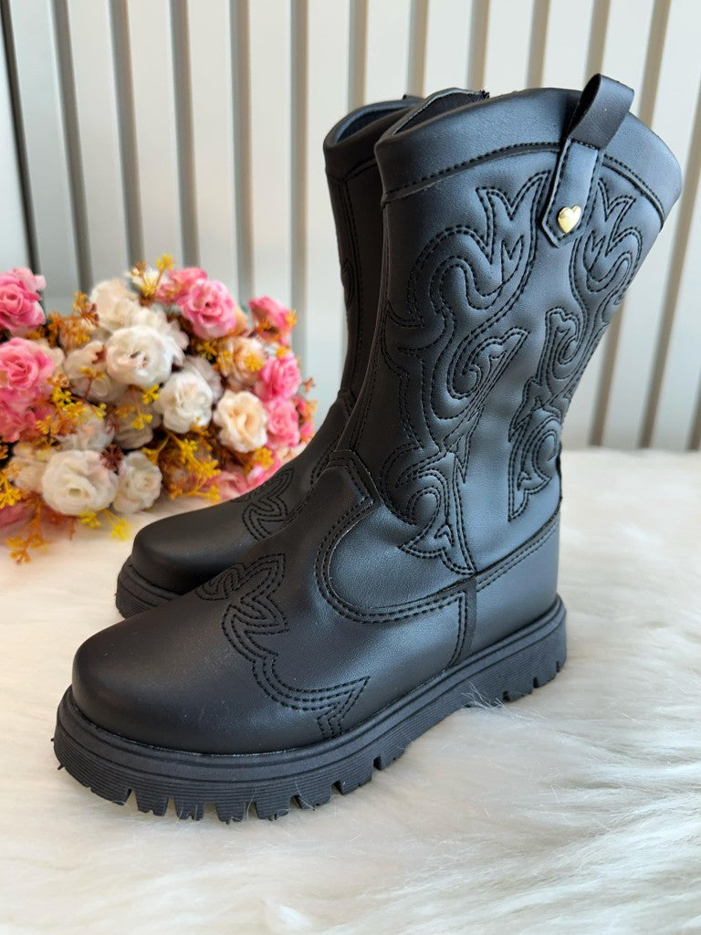 Botas Boiadeira Texanas Negras para Niños con Cremallera de Lujo 