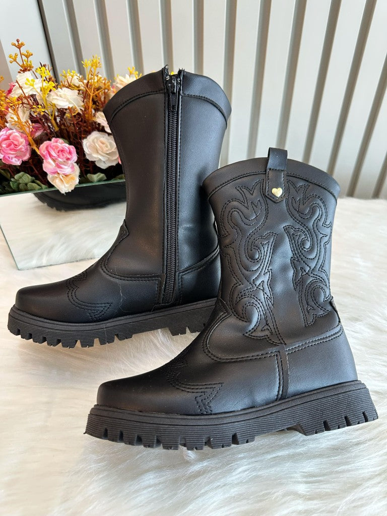 Botas Boiadeira Texanas Negras para Niños con Cremallera de Lujo 