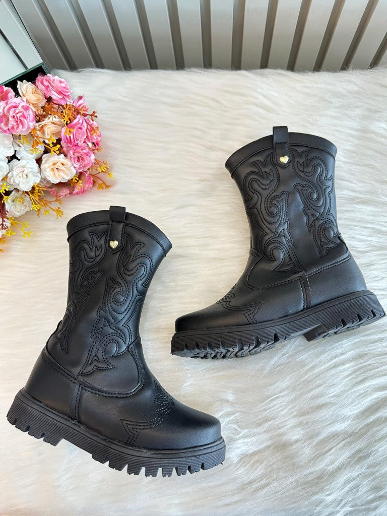 Botas Boiadeira Texanas Negras para Niños con Cremallera de Lujo 