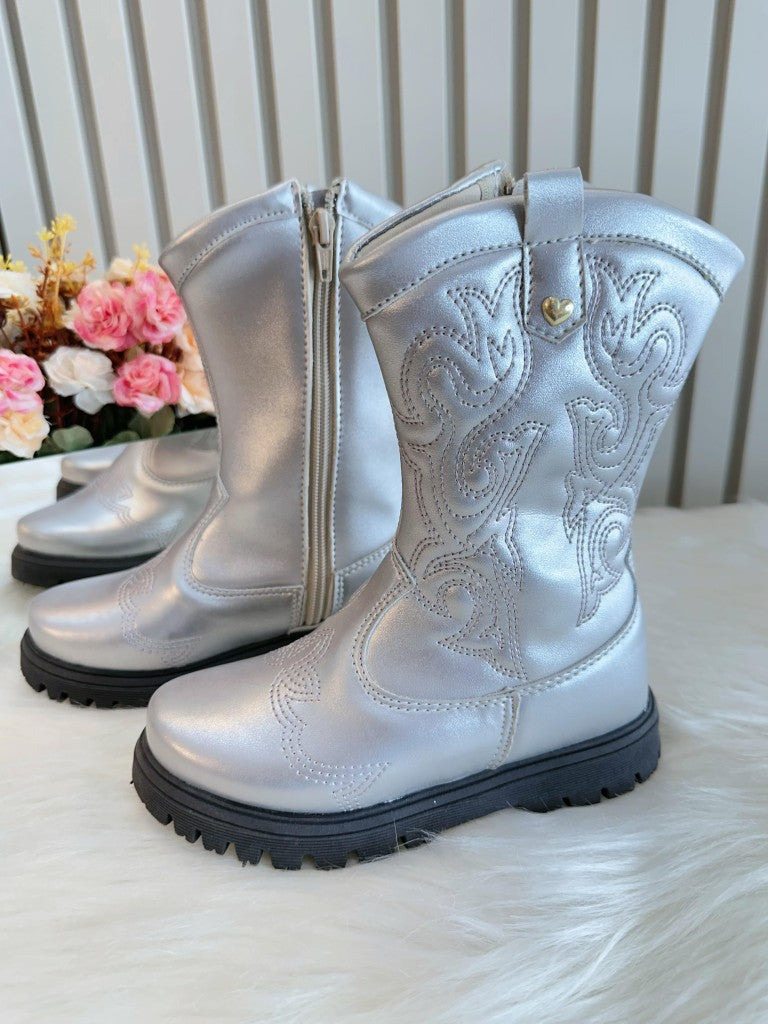 Botas texanas plateadas para niños con cremallera de lujo 
