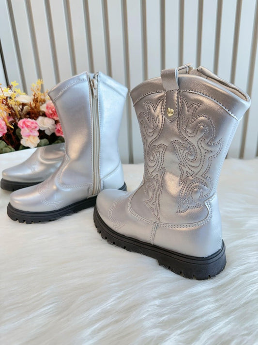 Botas texanas plateadas para niños con cremallera de lujo 