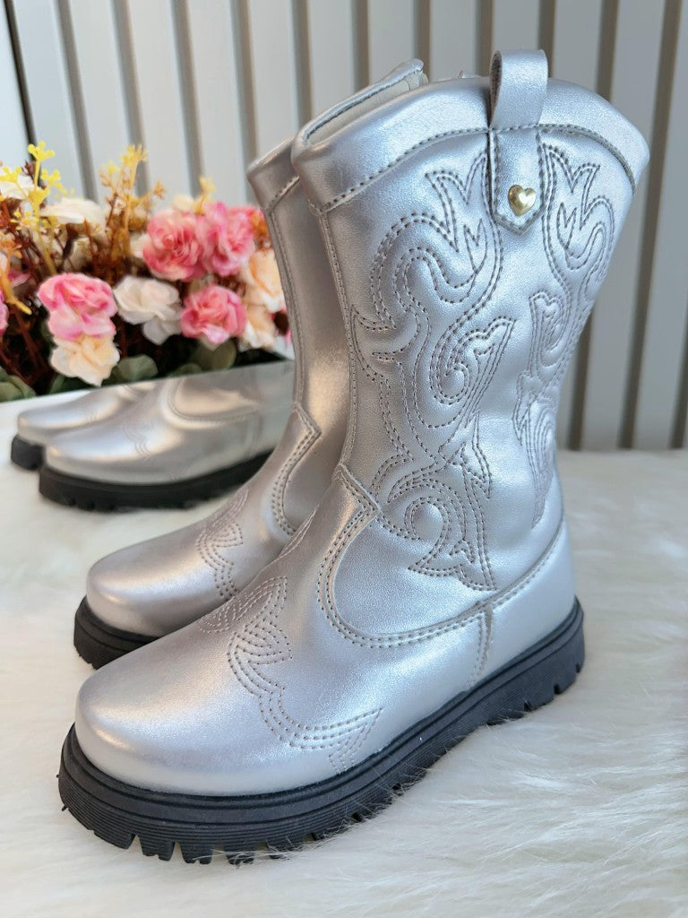 Botas texanas plateadas para niños con cremallera de lujo 