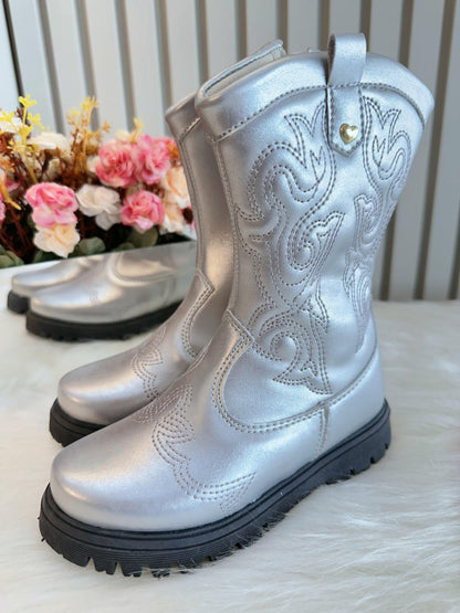 Botas texanas plateadas para niños con cremallera de lujo 