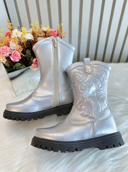 Botas texanas plateadas para niños con cremallera de lujo 