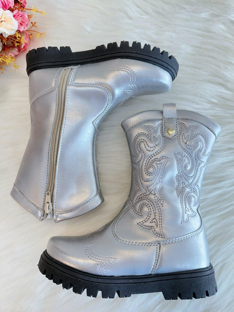 Botas texanas plateadas para niños con cremallera de lujo 