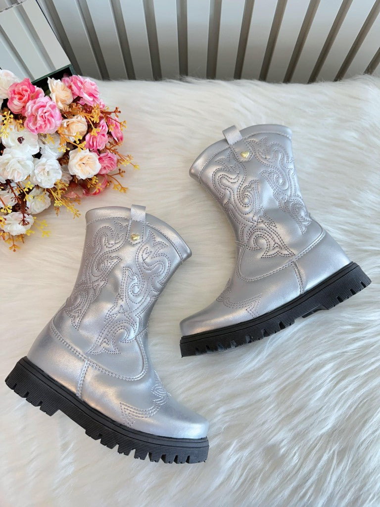Botas texanas plateadas para niños con cremallera de lujo 