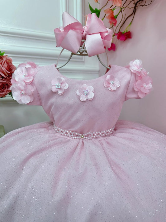 Vestido infantil rosa claro con apliques de flores para niña de las flores