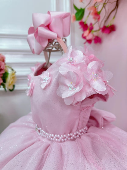 Vestido infantil rosa claro con apliques de flores para niña de las flores