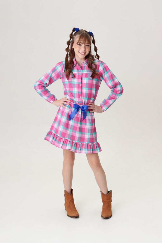 Conjunto Junino para niña, camisa rosa con minifalda a cuadros