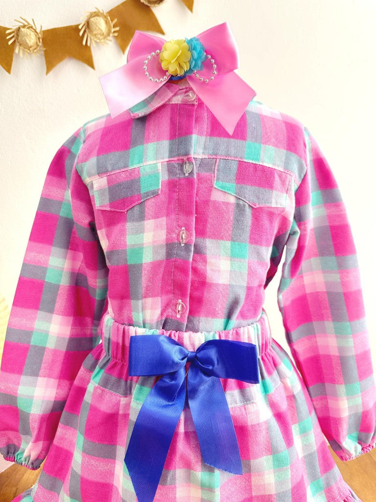 Conjunto Junino para niña, camisa rosa con minifalda a cuadros
