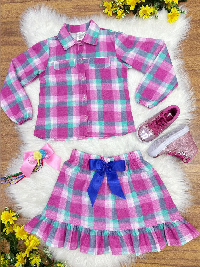 Conjunto Junino para niña, camisa rosa con minifalda a cuadros