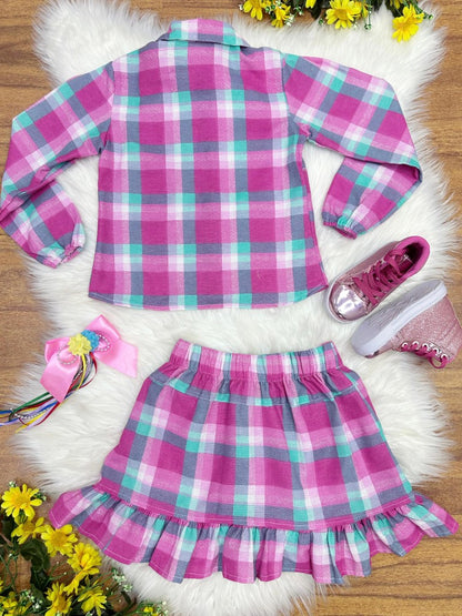 Conjunto Junino para niña, camisa rosa con minifalda a cuadros