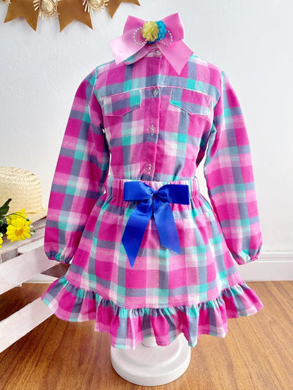 Conjunto Junino para niña, camisa rosa con minifalda a cuadros