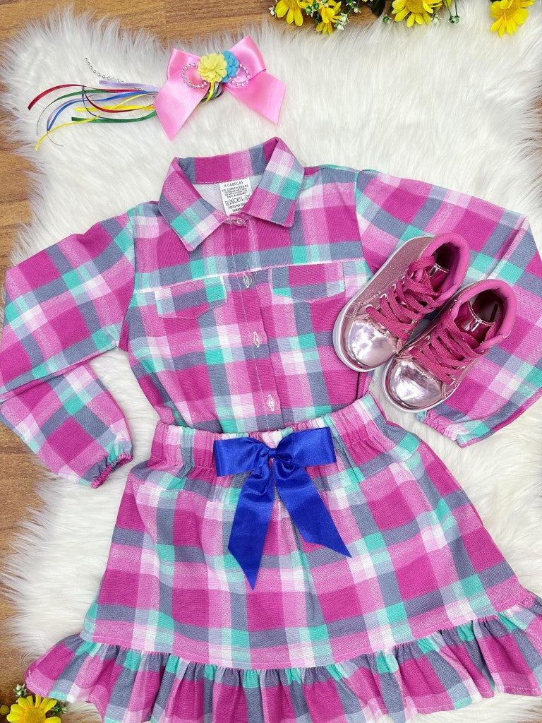 Conjunto Junino para niña, camisa rosa con minifalda a cuadros