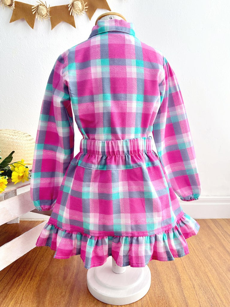 Conjunto Junino para niña, camisa rosa con minifalda a cuadros