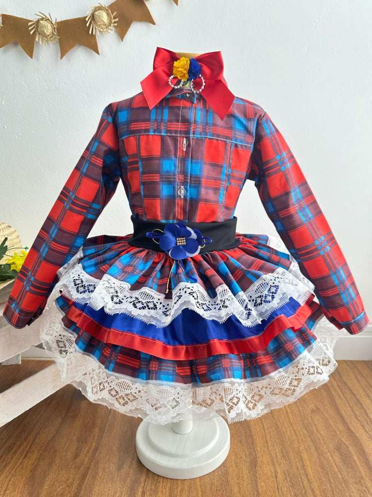 Conjunto Junino para niña, camisa roja con falda a cuadros