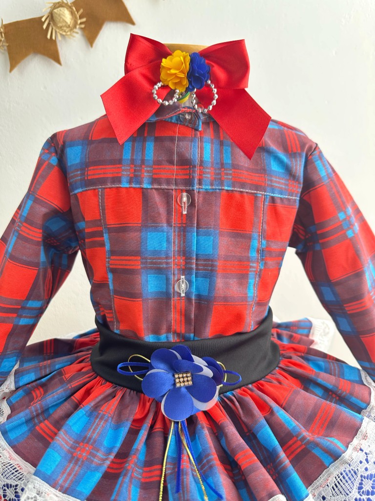 Conjunto Junino para niña, camisa roja con falda a cuadros